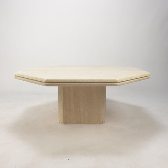 Image 1 of Table basse octogonale vintage en travertin fait main, Italie 1980
