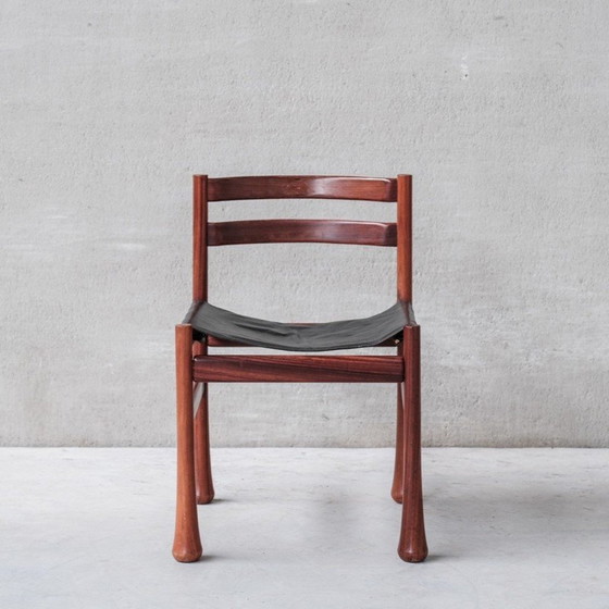 Image 1 of Ensemble de 4 chaises de salle à manger vintage en bois et cuir, Italie années 1960