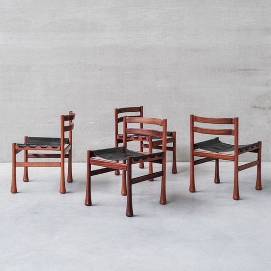 Image 1 of Ensemble de 4 chaises de salle à manger vintage en bois et cuir, Italie années 1960