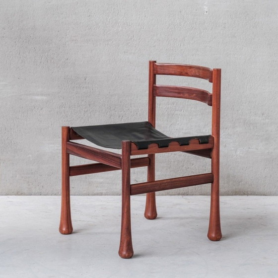 Image 1 of Ensemble de 4 chaises de salle à manger vintage en bois et cuir, Italie années 1960