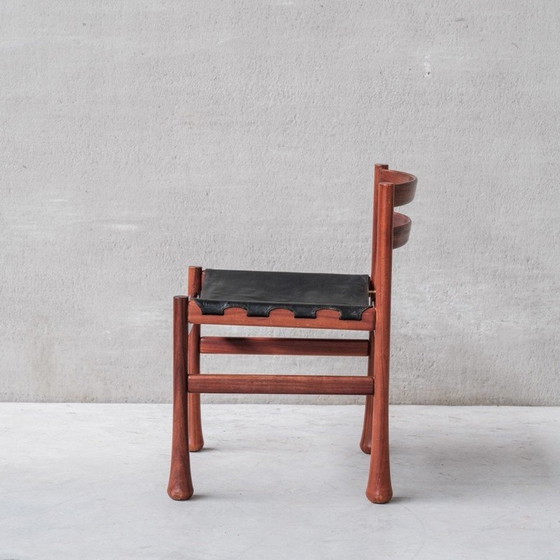 Image 1 of Ensemble de 4 chaises de salle à manger vintage en bois et cuir, Italie années 1960