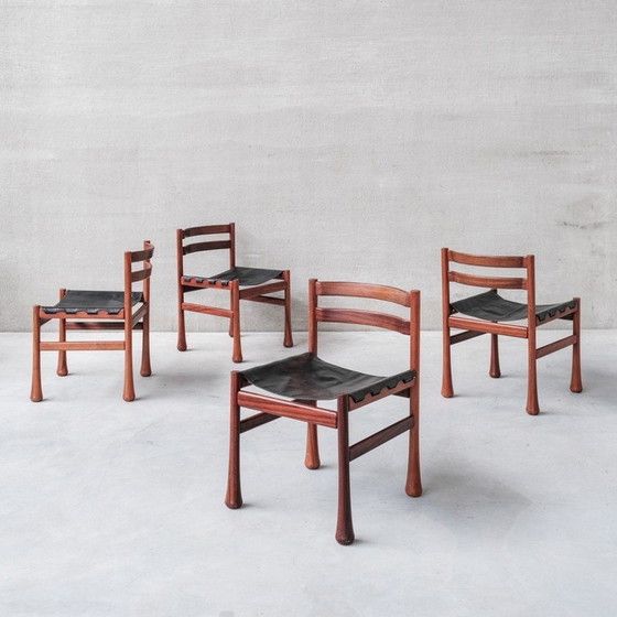 Image 1 of Ensemble de 4 chaises de salle à manger vintage en bois et cuir, Italie années 1960