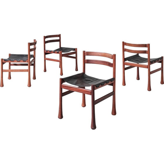 Image 1 of Ensemble de 4 chaises de salle à manger vintage en bois et cuir, Italie années 1960