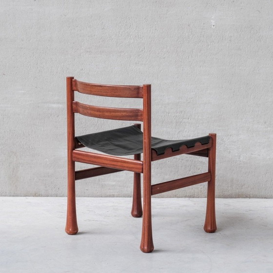 Image 1 of Ensemble de 4 chaises de salle à manger vintage en bois et cuir, Italie années 1960