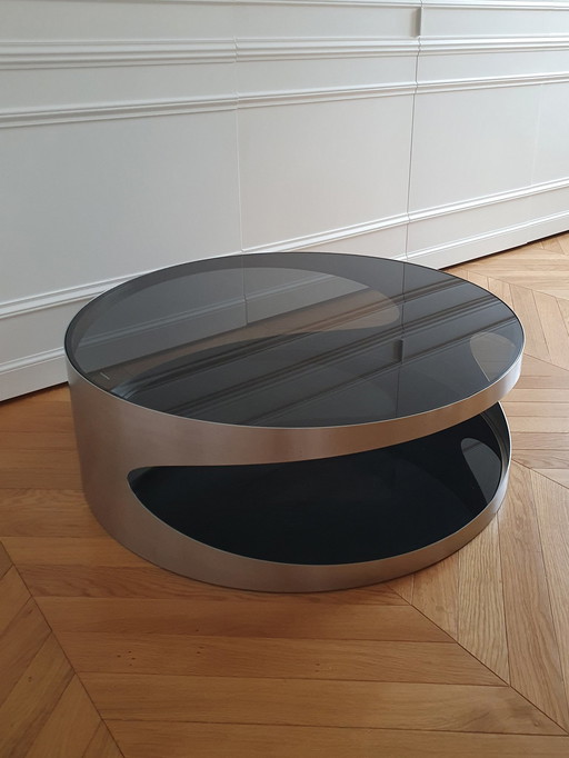 Grande Table Basse Ronde Space Age  Inox Verre Fumé Noir