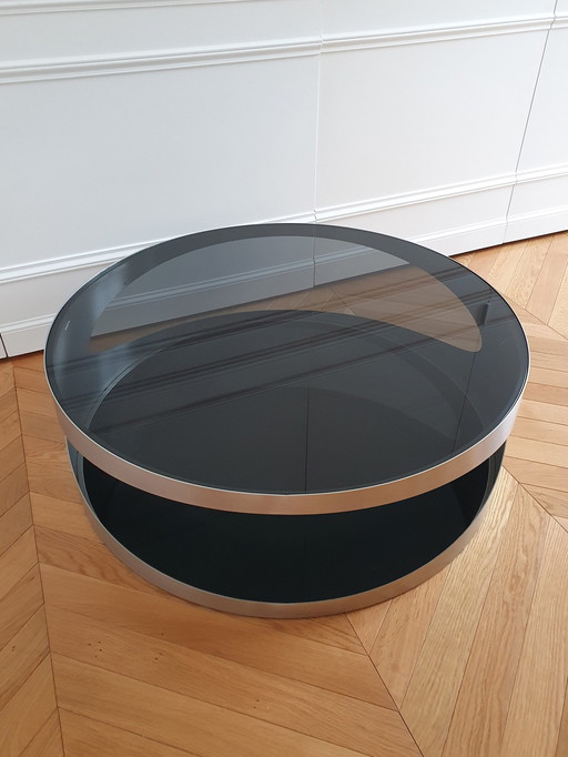 Grande Table Basse Ronde Space Age  Inox Verre Fumé Noir