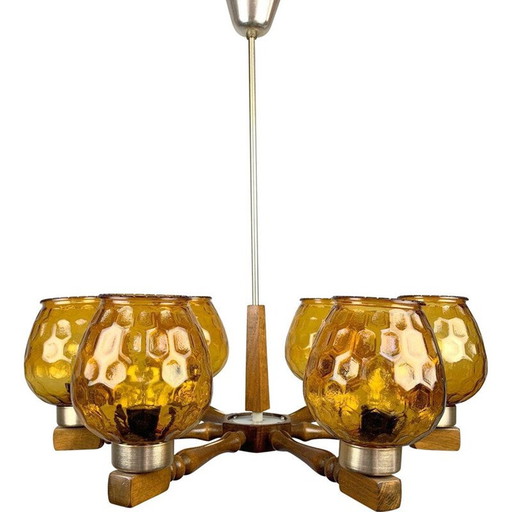 Lustre en bois et verre du milieu du siècle, 1970
