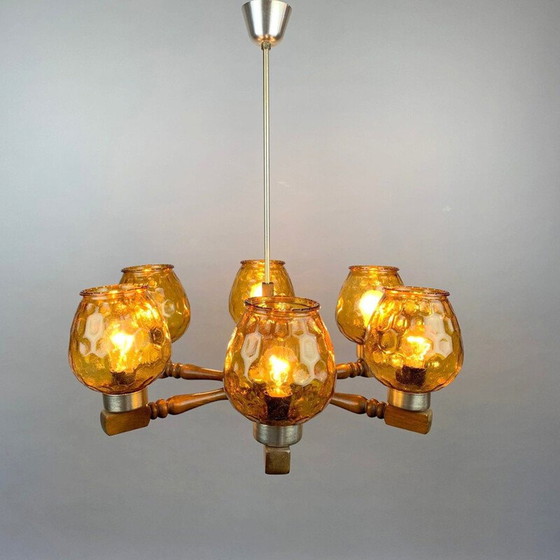 Image 1 of Lustre en bois et verre du milieu du siècle, 1970