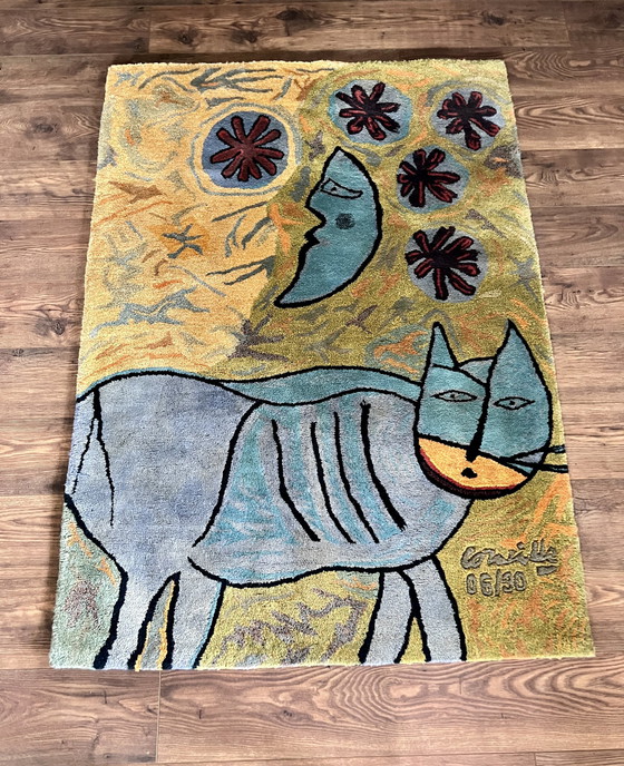 Image 1 of Tapis Corneille (Corneille Guillaume Van Beverloo) très ancien avec motif "Le Chat La Lune Et Le Soleil".