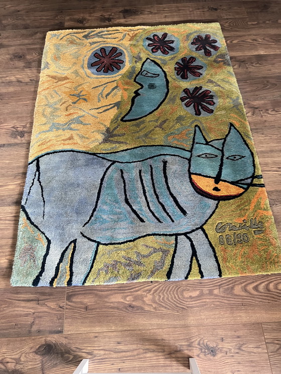 Image 1 of Tapis Corneille (Corneille Guillaume Van Beverloo) très ancien avec motif "Le Chat La Lune Et Le Soleil".