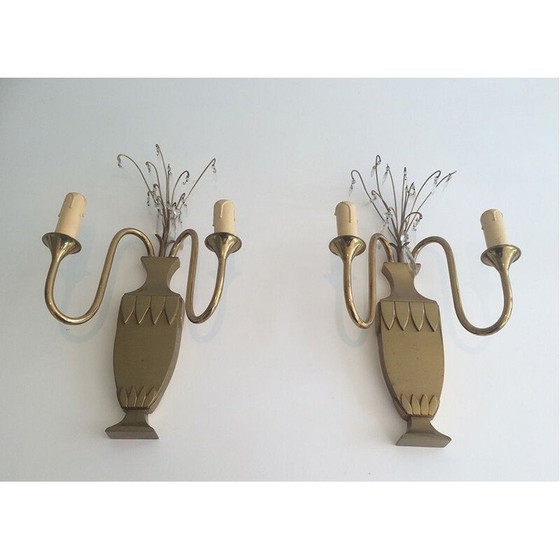 Image 1 of Paire d'appliques vintage en laiton et cristal, 1940