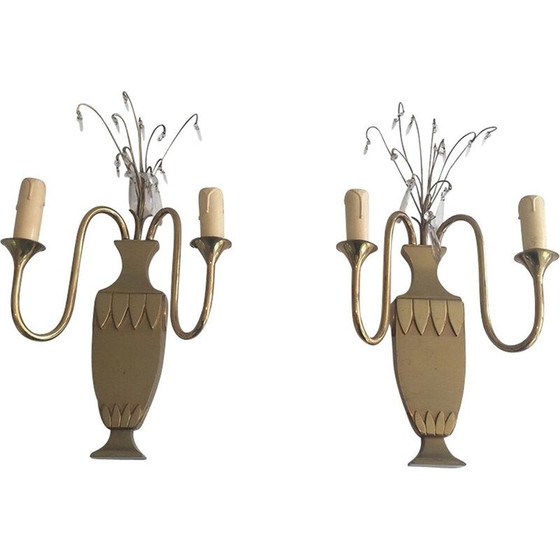 Image 1 of Paire d'appliques vintage en laiton et cristal, 1940