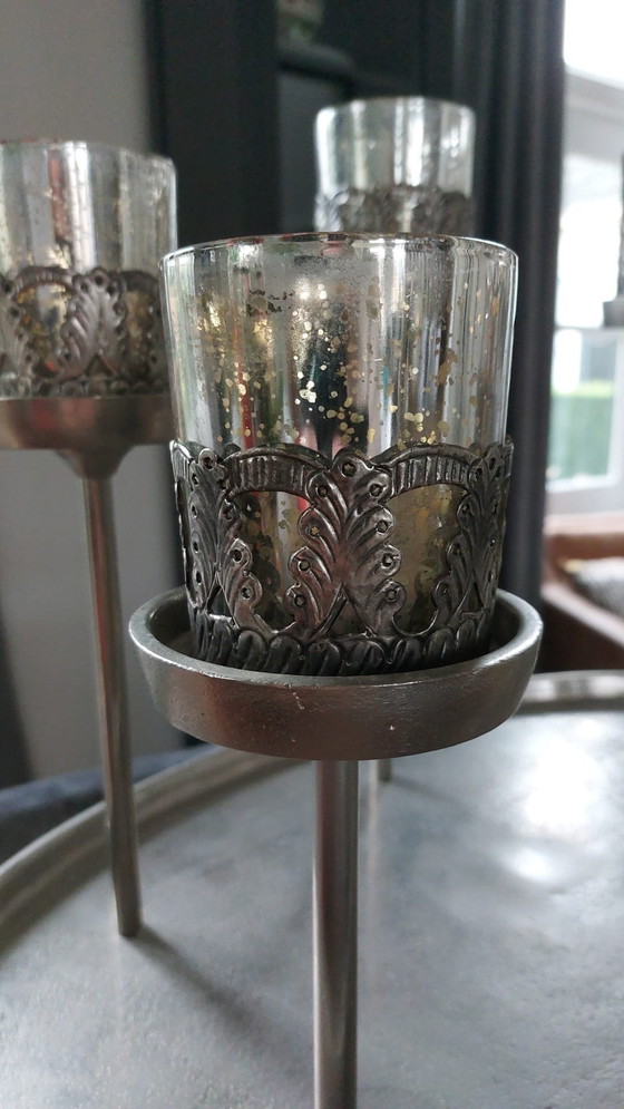 Image 1 of Plateau à bougies en argent brossé avec 6 magnifiques porte-lampions