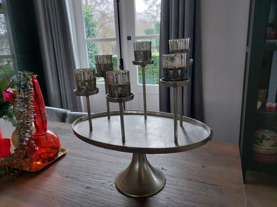 Image 1 of Plateau à bougies en argent brossé avec 6 magnifiques porte-lampions