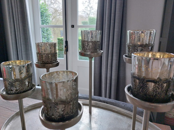 Image 1 of Plateau à bougies en argent brossé avec 6 magnifiques porte-lampions
