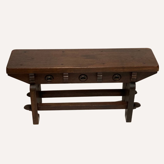 Image 1 of Mid-Century Spanish Brutalist Neo Gothic Oak Bench Side Table Or Console