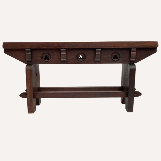 Image 1 of Mid-Century Spanish Brutalist Neo Gothic Oak Bench Side Table Or Console