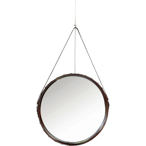 Miroir en cuir italien du milieu du siècle, années 1950