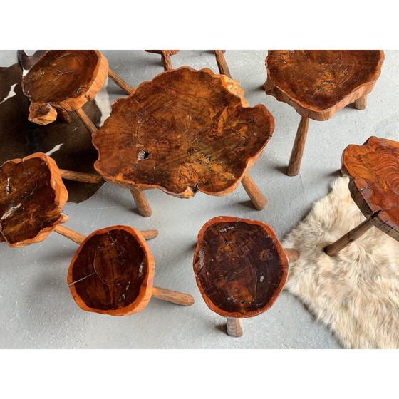 Image 1 of Ensemble de 7 tabourets en bois vintage avec table basse