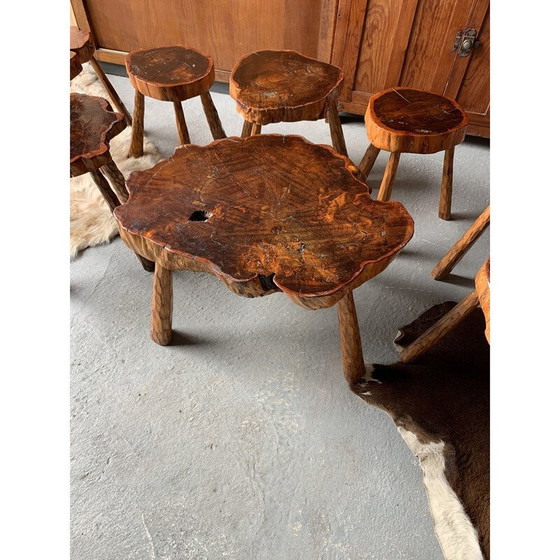 Image 1 of Ensemble de 7 tabourets en bois vintage avec table basse