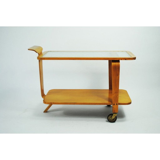 Chariot à thé vintage en bois de hêtre et verre par Willem Lutjens pour Gouda den Boer, Pays-Bas 1953