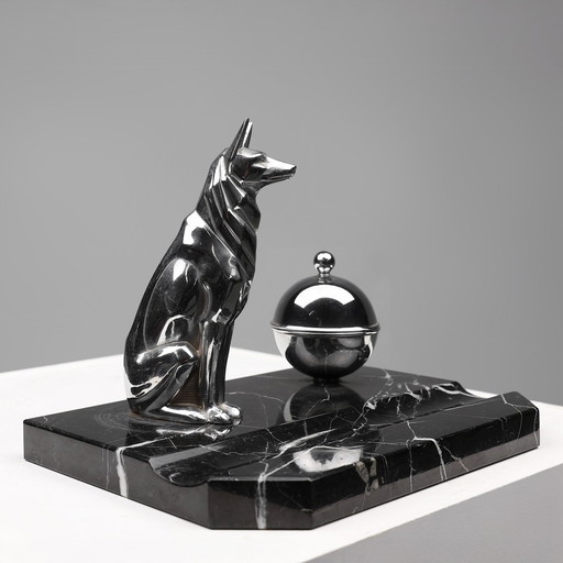 Encrier Art Déco en chrome et marbre avec statue de chien, France, années 1930