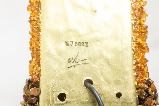 Image 1 of Paire D’Appliques « Honey » En Amazonite Et Ambre. Travail Contemporain.