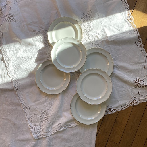 Lot De 6 Assiettes À Dessert Limoges Porcelaine Blanche Et Dorure Ancienne Manufacture Royale