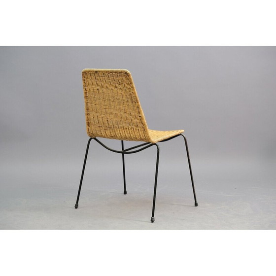 Image 1 of Ensemble de 4 chaises de salle à manger vintage en fer, maille en osier, Italie 1950