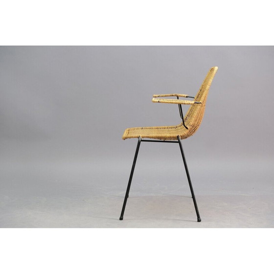Image 1 of Ensemble de 4 chaises de salle à manger vintage en fer, maille en osier, Italie 1950
