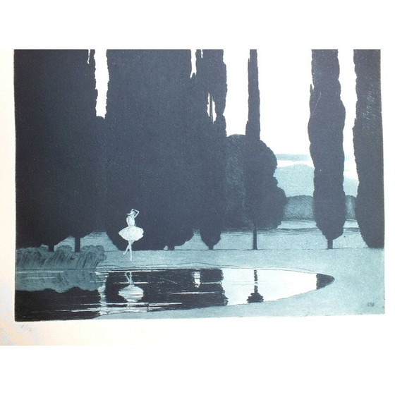 Image 1 of Gravure à l'aquatinte du Lac des cygnes vintage par Sir Claude Francis Barry, 1900