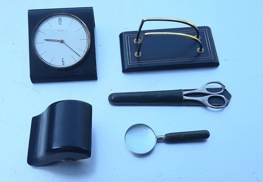 Set de bureau en cuir avec horloge de table de Kienzle International, lot de 6