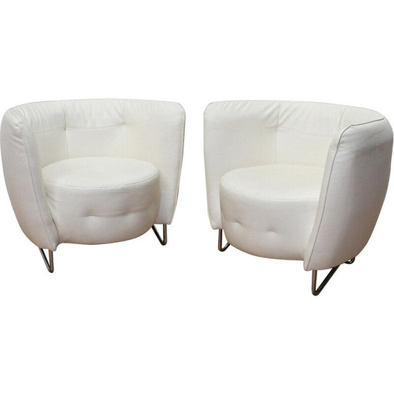 Image 1 of Paire de fauteuils Maybe vintage en métal chromé et similicuir blanc pour Cotta