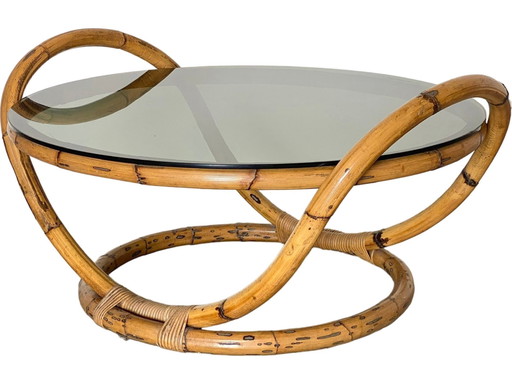 Table basse ronde en bambou avec plateau en verre fumé, 1970