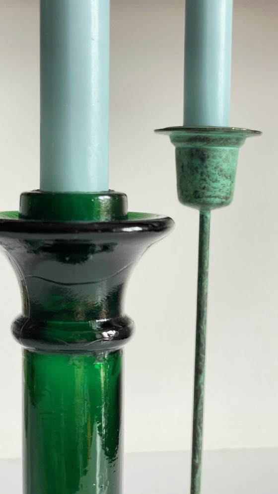 Image 1 of Bougeoirs En Verre Et Métal Vert