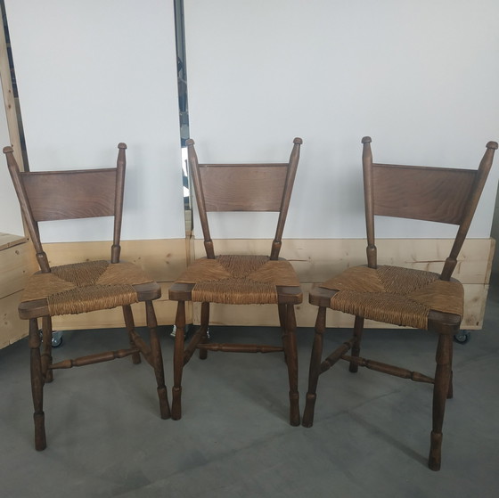 3X Chaises de salle à manger uniques en osier brutaliste des années 50-60 – Wood, Wicker