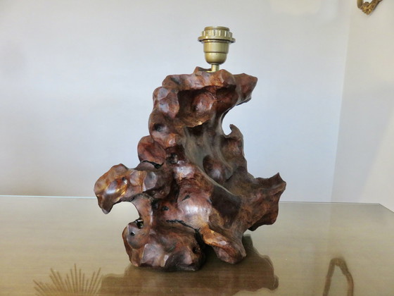 Image 1 of Imposante Lampe Brutaliste En Bois D'Olivier, 1970