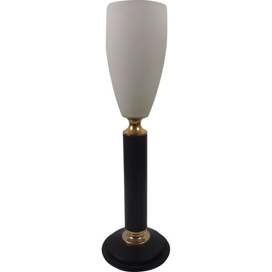 Image 1 of Lampe vintage en cuir LE TANNEUR opaline
