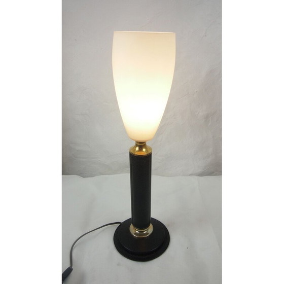 Image 1 of Lampe vintage en cuir LE TANNEUR opaline
