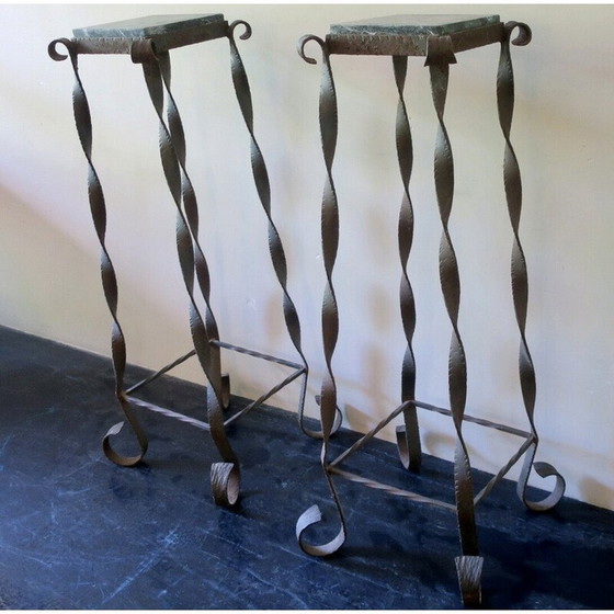 Image 1 of Paire de colonnes de jardin vintage en fer forgé et marbre veiné, 1960