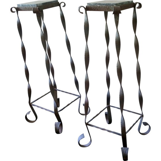 Image 1 of Paire de colonnes de jardin vintage en fer forgé et marbre veiné, 1960