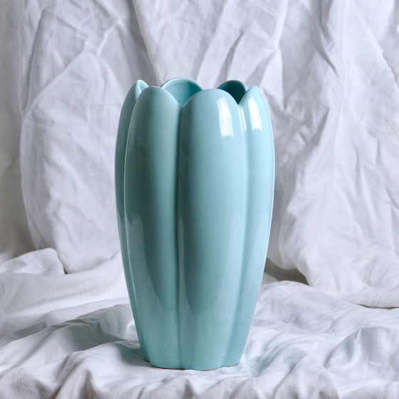 Image 1 of Grand Vase Années 1970 En Céramique Turquoise Forme Tulipe