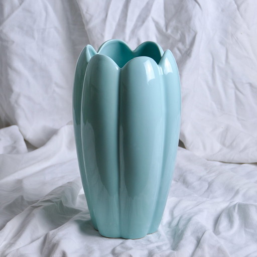 Grand Vase Années 1970 En Céramique Turquoise Forme Tulipe