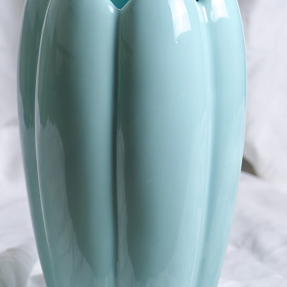 Image 1 of Grand Vase Années 1970 En Céramique Turquoise Forme Tulipe