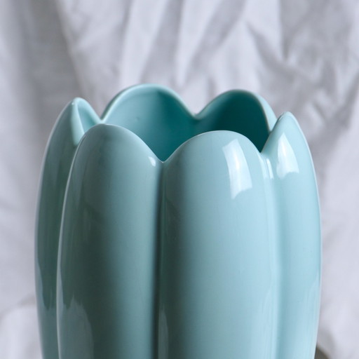 Grand Vase Années 1970 En Céramique Turquoise Forme Tulipe