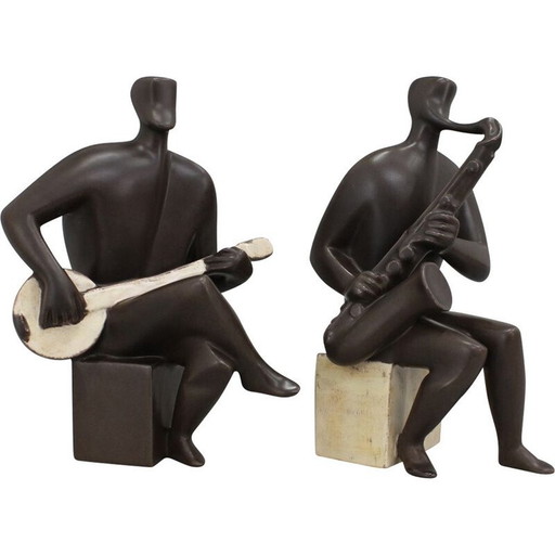 Paire de figurines en céramique représentant des musiciens, Tchécoslovaquie 1970