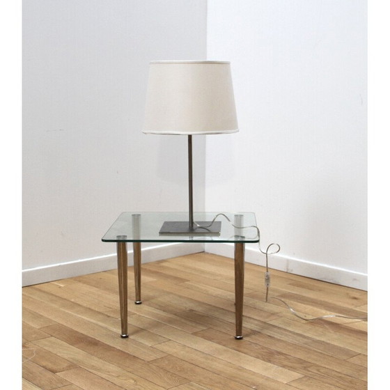 Image 1 of Lampe de chevet vintage en métal chromé et abat-jour en coton beige par Morosini