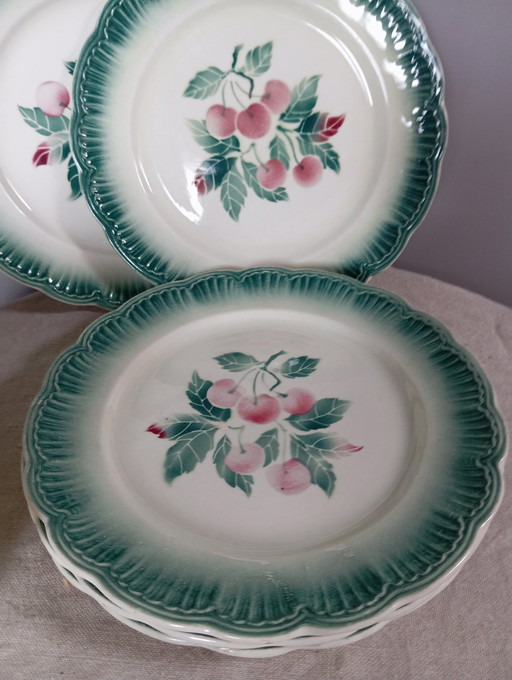 5 Assiettes à Dessert Antique 1900 Décor Cerises - Badonviller France