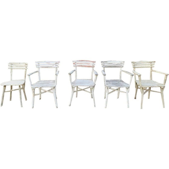 Image 1 of Ensemble de 4 chaises de jardin vintage en bois et 1 chaise, 1960