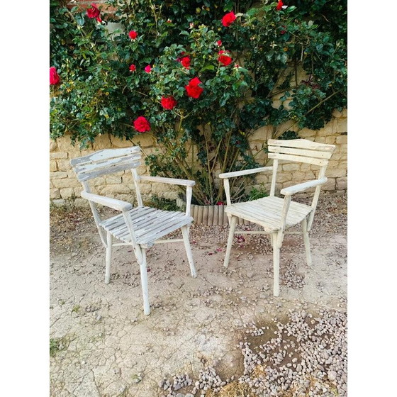 Image 1 of Ensemble de 4 chaises de jardin vintage en bois et 1 chaise, 1960